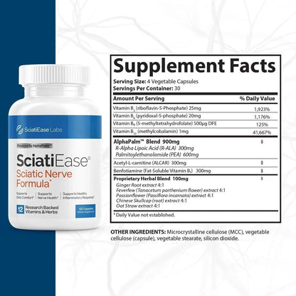 SciatiEase Sciatic Nerve Support – AlphaPalm, Pea, B Vitamins & ALA, 120 Capsule